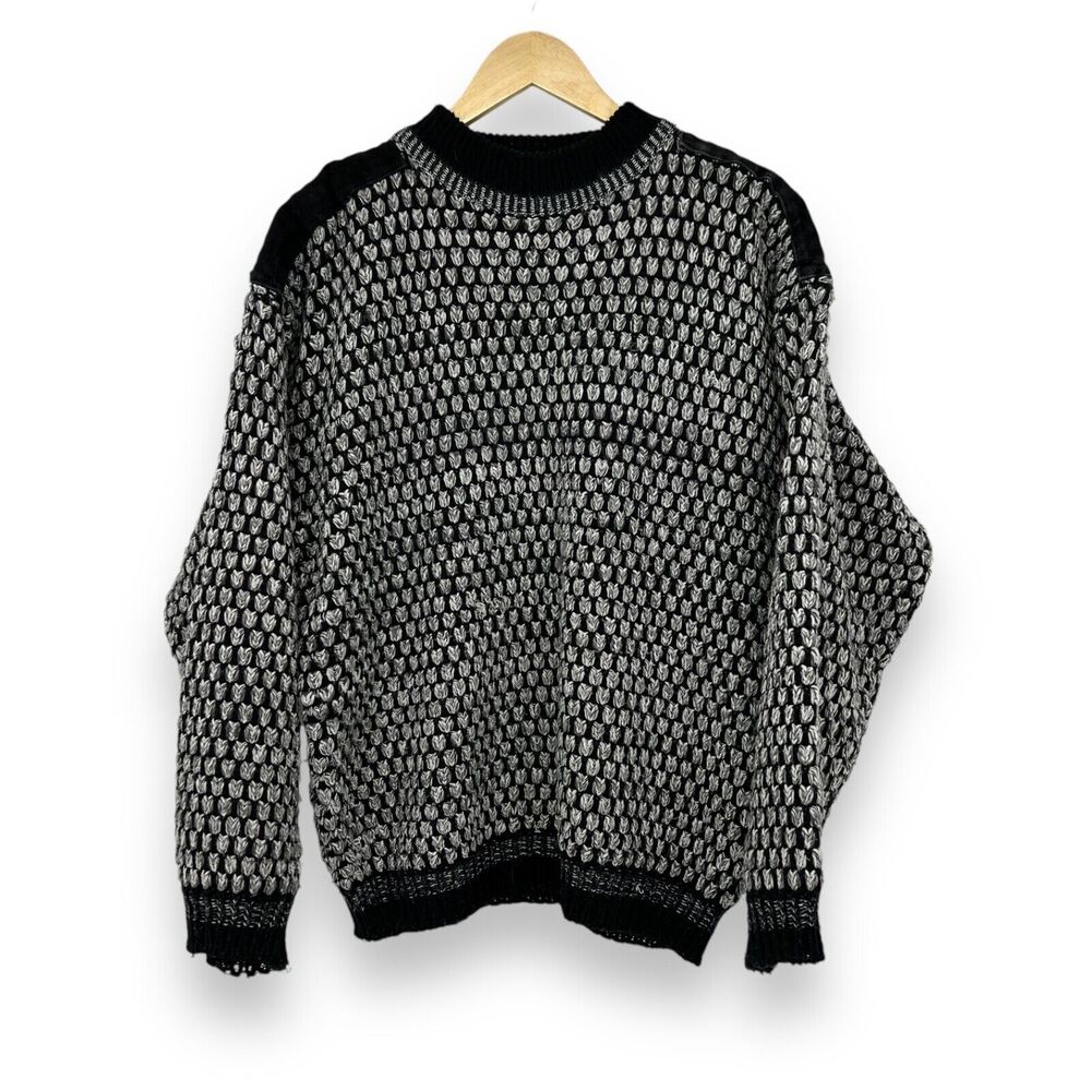 Vintage Chia Sweater 80s 90s Leather Shoulder Patches Men's L Black